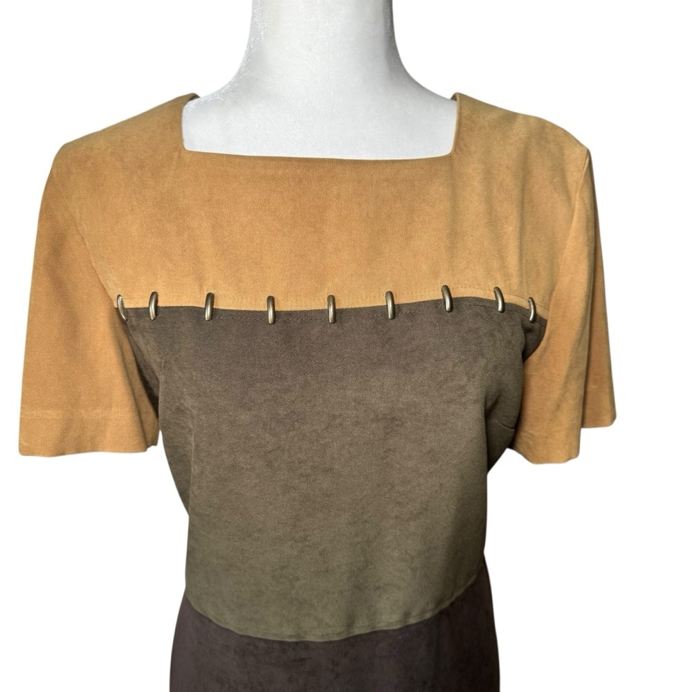 Vintage Sag Harbor Colorblock Dress Brown Faux Suede Fall 90s Short Sleeve 10 - Picture 2 of 9